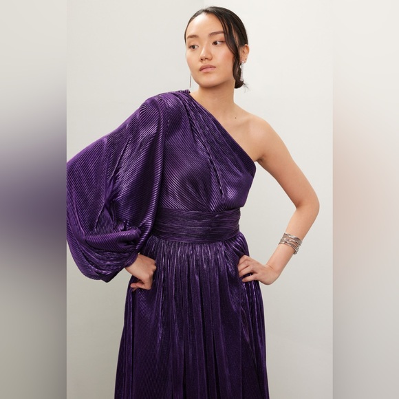 Bronx and Banco Florence Pleated One Shoulder‎ Slit Gown Maxi Dress Purple M - Picture 2 of 7